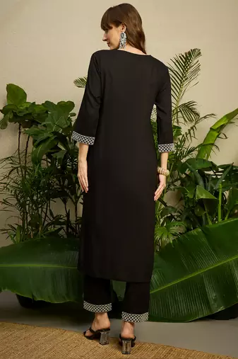 Black embroidered viscose rayon kurta trouser set