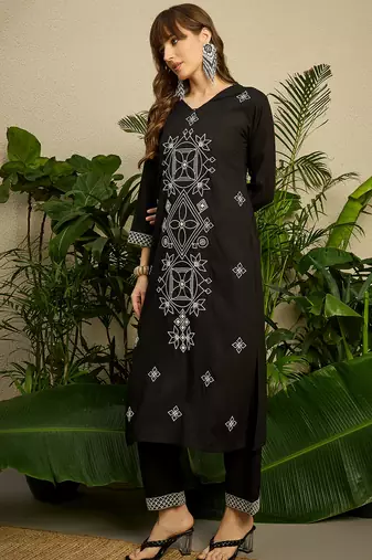 Black embroidered viscose rayon kurta trouser set