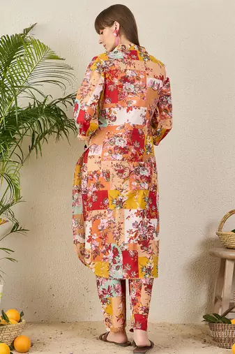 Multicolor printed cotton kurta trouser set