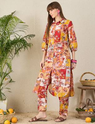 Multicolor printed cotton kurta trouser set 3