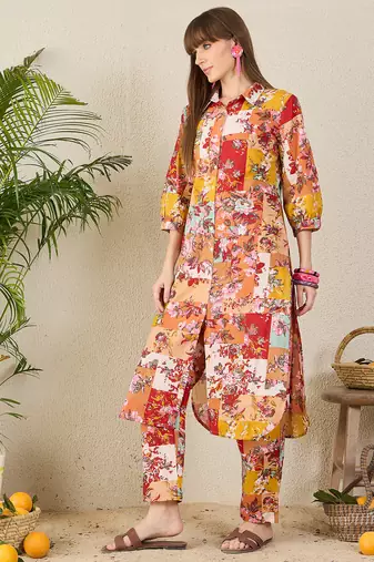 Multicolor printed cotton kurta trouser set