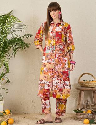 Multicolor printed cotton kurta trouser set 4