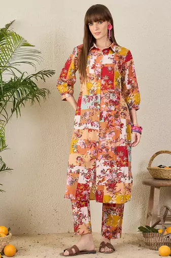 Multicolor printed cotton kurta trouser set