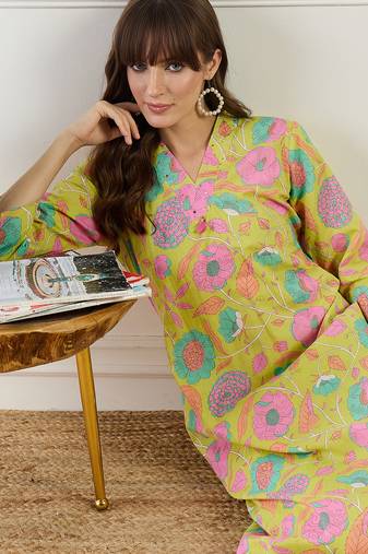 Yellow printed cotton kurta trouser set