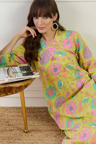 Yellow printed cotton kurta trouser set