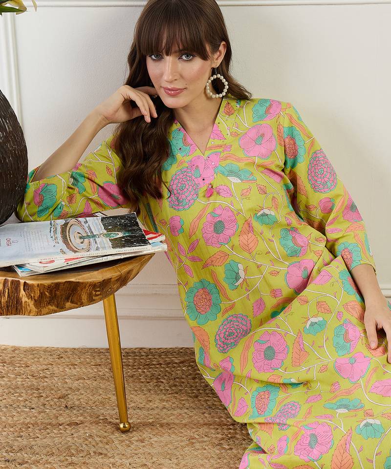Yellow printed cotton kurta trouser set