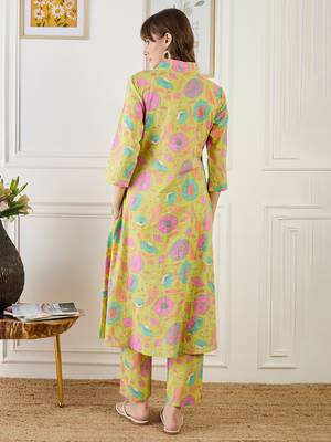 Yellow printed cotton kurta trouser set 2