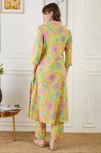 Yellow printed cotton kurta trouser set