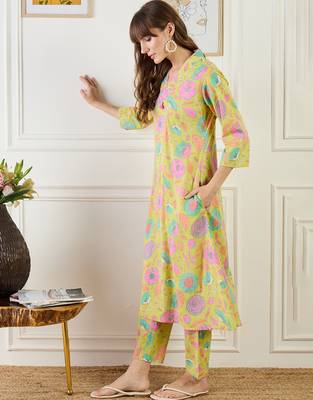 Yellow printed cotton kurta trouser set 3