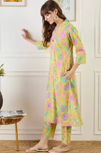 Yellow printed cotton kurta trouser set