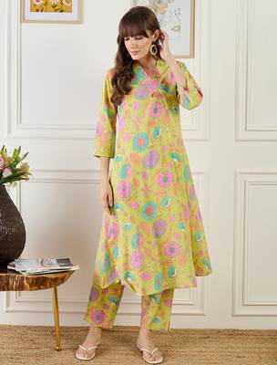 Yellow printed cotton kurta trouser set 4