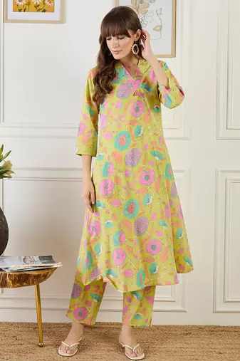 Yellow printed cotton kurta trouser set