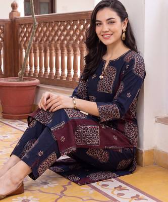 Blue printed cotton kurta trouser set 2