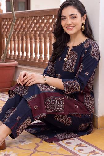 Blue printed cotton kurta trouser set