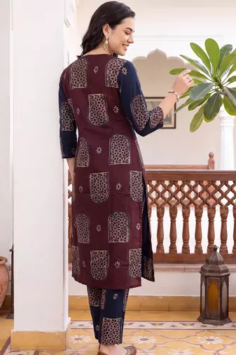Blue printed cotton kurta trouser set