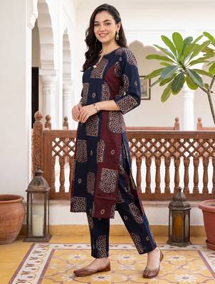 Blue printed cotton kurta trouser set 1