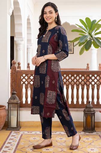 Blue printed cotton kurta trouser set
