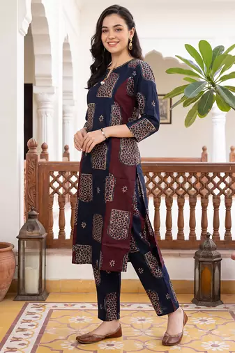 Blue printed cotton kurta trouser set