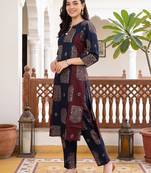 Blue printed cotton kurta trouser set