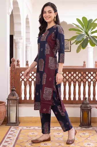 Blue printed cotton kurta trouser set