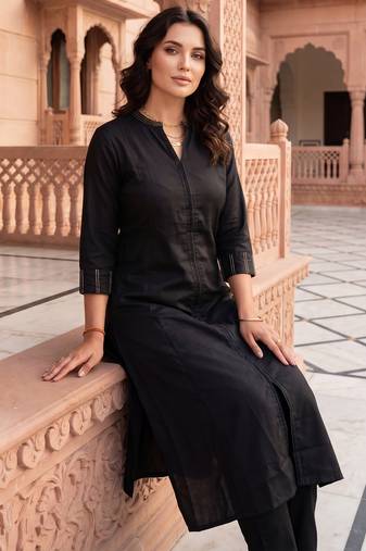 Black printed cotton kurta trouser set