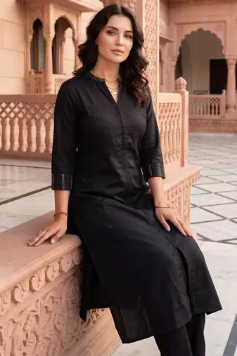 Black printed cotton kurta trouser set