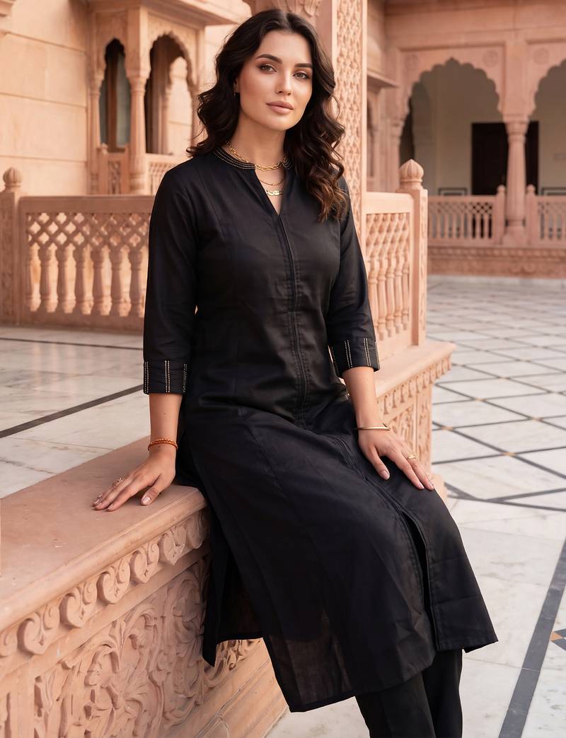 Black printed cotton kurta trouser set