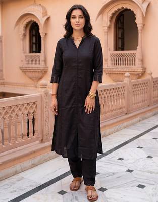 Black printed cotton kurta trouser set 2