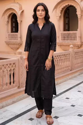 Black printed cotton kurta trouser set