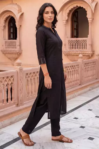 Black printed cotton kurta trouser set