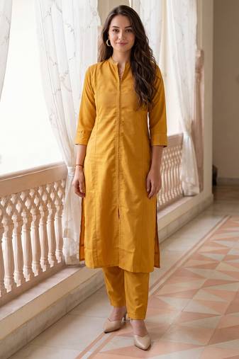 Yellow printed cotton kurta trouser set