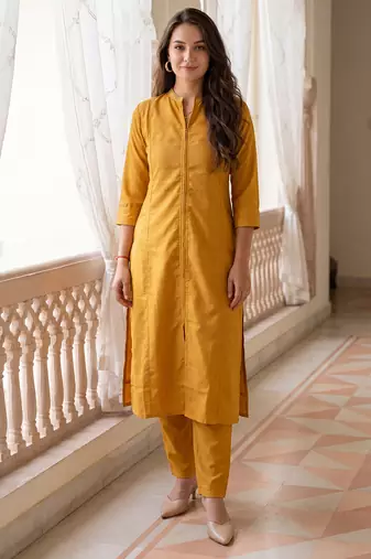Yellow printed cotton kurta trouser set
