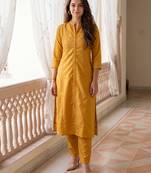Yellow printed cotton kurta trouser set