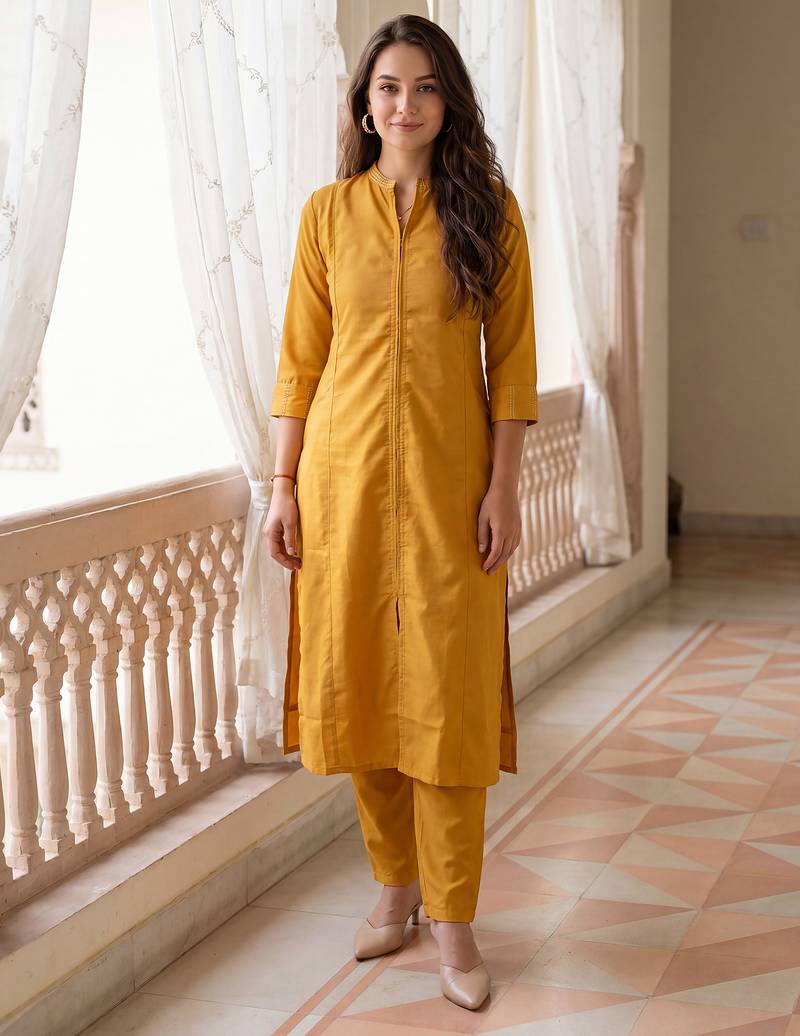 Yellow printed cotton kurta trouser set