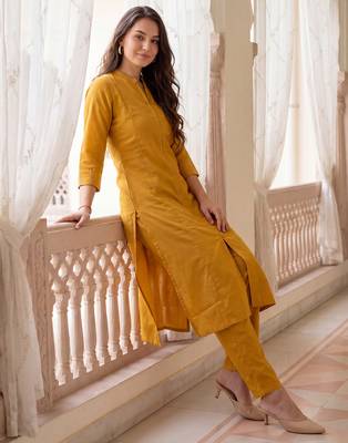 Yellow printed cotton kurta trouser set 2