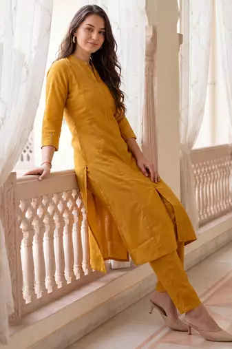 Yellow printed cotton kurta trouser set