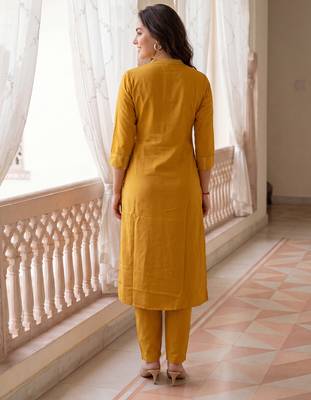 Yellow printed cotton kurta trouser set 3