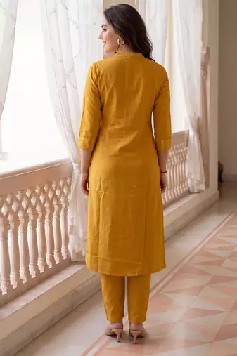 Yellow printed cotton kurta trouser set