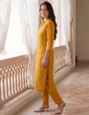 Yellow printed cotton kurta trouser set 4