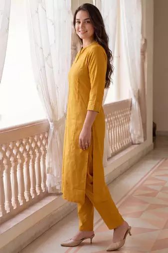 Yellow printed cotton kurta trouser set