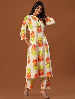 White printed cotton kurta trouser set 1