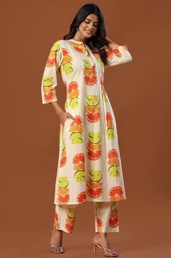 White printed cotton kurta trouser set