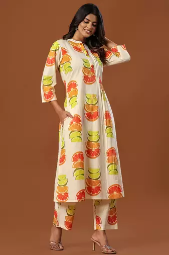 White printed cotton kurta trouser set
