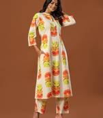 White printed cotton kurta trouser set