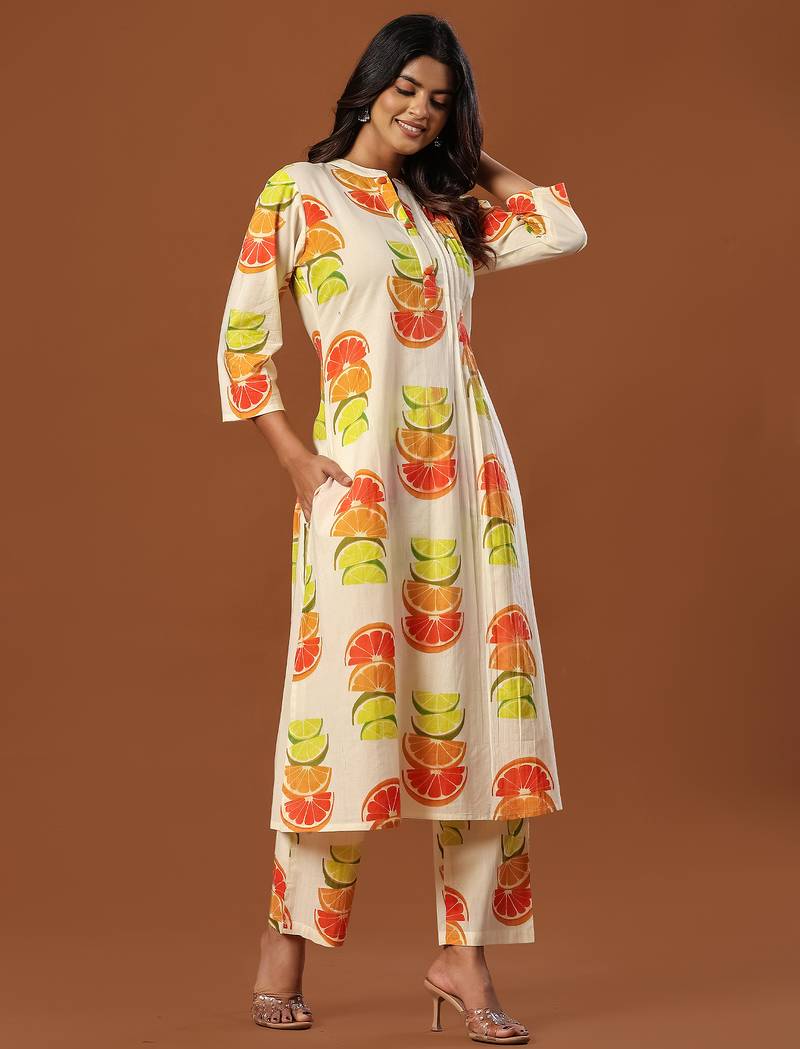 White printed cotton kurta trouser set