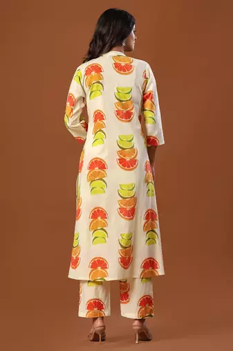 White printed cotton kurta trouser set