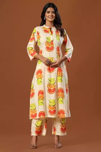 White printed cotton kurta trouser set
