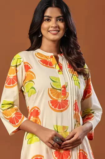 White printed cotton kurta trouser set