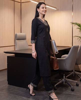 Black printed viscose rayon kurta trouser set 1