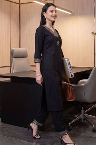 Black printed viscose rayon kurta trouser set